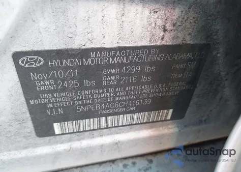 2012 Hyundai Sonata Gls z USA, uszkodzony, nr VIN 5NPEB4AC6CH416139